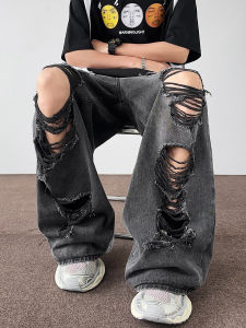 กางเกงยีนส์ทรงหลวมสไตล์อเมริกันสำหรับผู้ชาย ทรงหลวม กางเกงขายาวทรงขากว้าง ทรงหลวม สไตล์สตรีท กางเกงยีนส์ขาดๆ ทรงหลวม