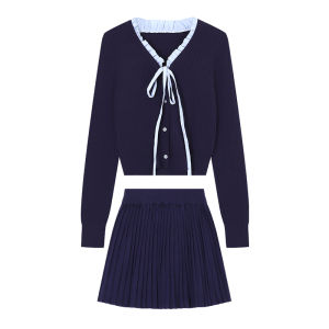 Korean College Style Womens Knitted Half-length Skirt Set Autumn Winter Long Sleeve V-neck Button-up Fashion Ensemble
