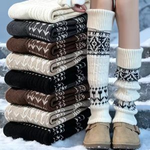 Vintage Geometric Print Over Calf Socks Polyester Cotton Blend Warm Elastic for Y2K Japanese Streetwear Look