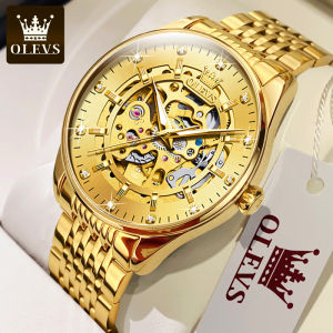OLEVS Mens Watches Luxury Gold Skeleton Automatic Mechanical Wrist Watch for Man Waterproof Stainless Steel Luminous Business