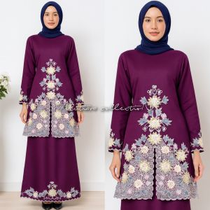 SETELAN BAJU KURUNG BORDIR BUNGA TIMBUL BELAH KERANCANG
