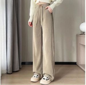 HUAXUNRAN | Thickened Velvet Wide Leg Pants for Women Autumn Winter High Waist Slimming New Style