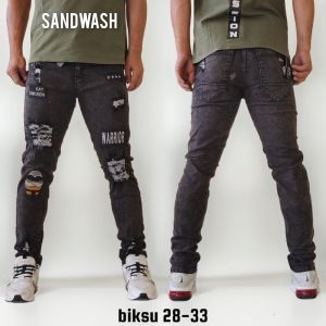 Celana Jeans Panjang Pria Sobek Emblem Stretch Denim Melar Tebal Slimfit Skinny Pensil Size 28-33