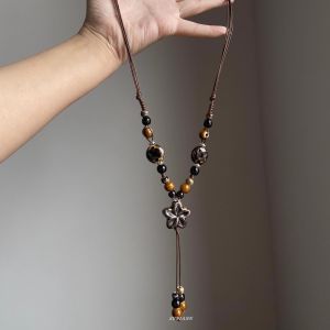 Retro Ethnic Style Long Sweater Chain Necklace Womens Brown Rope Tassel Woven Ceramic Flower Beads New Chinese Style Fashion Jewelry