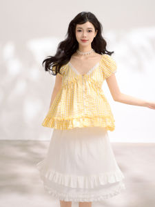 KEIKO | Áo Blouse Caro Dây Ruy Băng Cổ V Tay Bồng Mùa Hè Màu Vàng