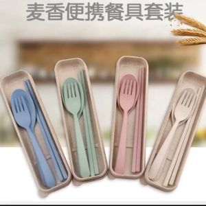 Sendok Set Sumpit Garpu Kulteri Jerami Gandum Plastik Stainless Portable Travel Alat Makan Souvenir