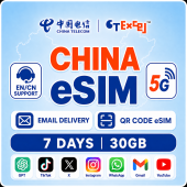 [China Telecom] Mainland China 5G eSIM | 7 Days | 30GB | TikTok X & ChatGPT | QR Code