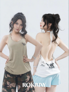 Spicy Girl Style Letter Printed Halter Backless Sleeveless Loose Top