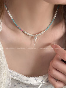 Dopamine Colored Beaded Pearl Necklace Womens Summer Butterfly Knot Clavicle Chain Luxury Minimalist High-End Feeling Neck Chain