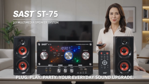 SAST ST-75 2.1 Multimedia Speaker System 45W with 4-Inch Woofer 2 Satellite Speakers USB SD MMC MP3 DVD Multicolor Lights Remote Control