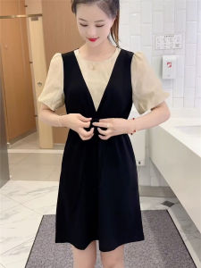 Elegant Mid-Length Dress Womens Summer New Style Small Size Fake Two-Piece Slimming A-Line Skirt Korean Style Bubble Sleeve