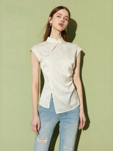 D-PLAY | Summer New Chinese Style White Mandarin Collar Short Sleeve Womens Shirt
