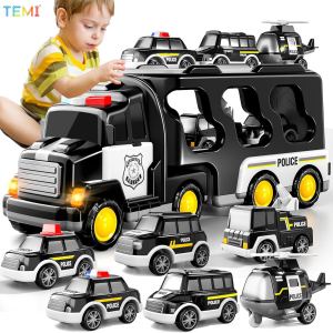 TEMI Police Truck Toys for Toddler 7-in-1 Friction Power Emergency Vehicle Police Car Toy for Toddlers Carrier Truck Toys for Kids