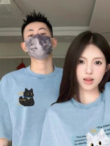 Áo Thun Cotton Tay Ngắn Màu Sương Mù Cho Cặp Đôi Mùa Hè 2026 Áo Thun Nam Nữ Dáng Rộng in Họa Tiết Hoạt Hình Thường Ngày