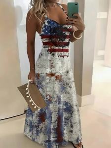 Printed Design American Flag & Ink-Splash Print Halter Neck Dress