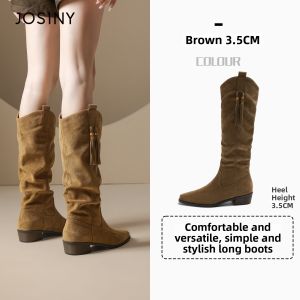 Josiny | Slenderizing Western Style Brown Chunky Heel Boots
