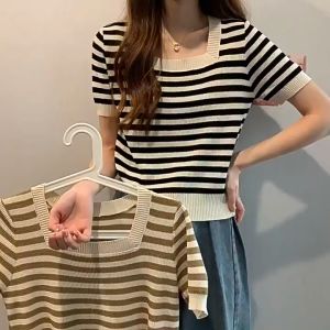 Knitted U Neck Short Sleeves Striped Croptops Slim Fit Blouse Korean Fashion