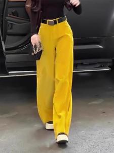 Retro Yellow Corduroy Pants Womens High Waist Drapey Straight Leg Wide Leg Trendy Autumn New American Retro Style