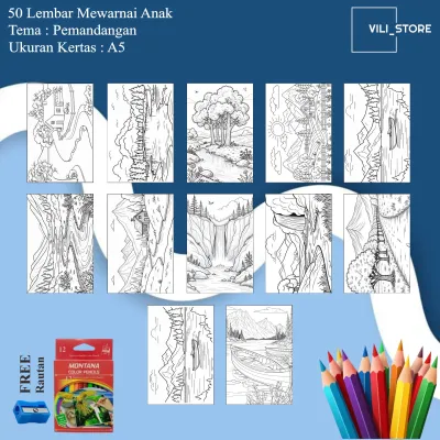 50 Lembar Kertas Mewarnai Ukuran A5 Tema Pemandangan untuk Anak PAUD TK dan SD
