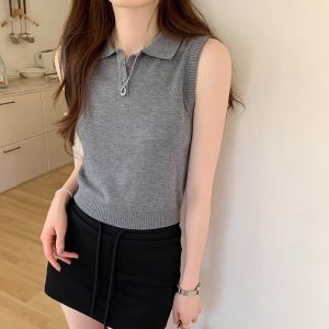 Áo Len Dệt Kim Không Tay Cổ Polo Ôm Vừa Vặn Màu Xanh Mùa Hè 2025 Phong Cách Hàn Quốc Cho Nữ Áo Sơ Mi Cổ Polo Màu Trơn