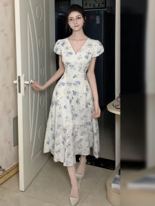 Floral Print V-neck Bubble Sleeve Slimming Waist Summer Dress Womens Long Skirt Sweet Style High Waist A-line Cotton Dress