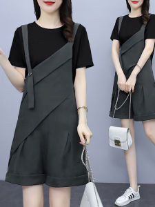 Korean Style Asymmetric Short Shorts Set Women Summer plus Size Thin Small Short Sleeve T-Shirt Overalls Two Piece Set