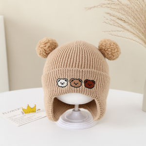 Baby Boy Knitted Wool Hat Winter New Style Overhead Cute Bear Ear Protection Warmth Windproof round Top Non-Folding Princess Style