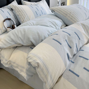 ชุดผ้าห่มแบบสามชิ้น ชุดนอนผู้ชาย ชุดนอนผู้หญิง ผ้าฝ้ายลายทาง สไตล์เรียบง่าย ชุดนอนฤดูใบไม้ร่วง/ฤดูหนาว ชุดนอนสี่ชิ้น