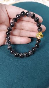 Vòng tay đá Thạch Anh Tóc Đen VIP tự nhiên size 8 li phối charm cỏ 4 lá đính đá Tourmaline đẳng cấp | Hoa Minh Gem
