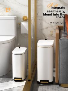 AKBK Stainless Steel Foot Pedal Trash Can for Bathroom Kitchen Home Use round Barrel Shape 10L Capacity Luxury Household Essential