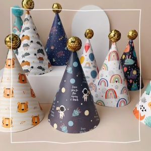 Party Hat Happy Birthday Hats Kids & Adults Fordable Dinosaur Astronaut Monster Gift Cone Cap Crown Tiara Pom Pom Topi