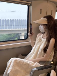 Summer Slimming A-Line Dress Neck Hanging Strap Holiday Style Womens Dress Heavy Work Korean Version round Neck Short Sleeve