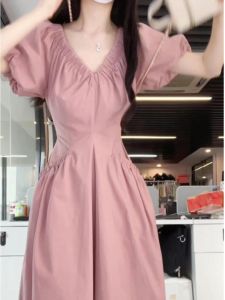 CHANGTONG | Elegant French Style A-Line Dress Womens Summer Slimming Long V-Neck Bubble Sleeve Pink Waist-Cinching Genteel Wind Dress