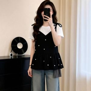 AIYITI | Pleated Fake Layered Beaded Short Sleeve T-Shirt Large Size Women