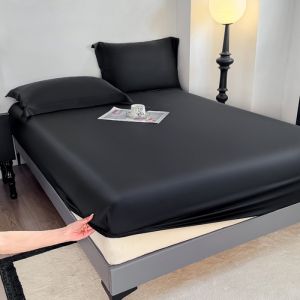 1pc Home Fitted SheetLuxury Eucalyptus Lyocell Fiber Queen Mattress CoverBlack Silky Bed Sheets Linens 180*200*1pc