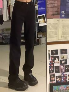 Extended Length Straight Leg Black Denim Jeans Women Slim High Waist Elastic Wide Leg Pants Loose Fit Spring Season Fashion