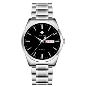 นาฬิกาข้อมือธุรกิจ WWOOR สำหรับผู้ชายนาฬิกาควอตซ์นาฬิกาสแตนเลสสตีลกันน้ำแบรนด์หรูนาฬิกามีปฏิทิน