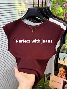 Ankela Red Womens T-Shirt Sleeveless round Neck Summer New Style Slimming Ageless Fashion Small Flying Sleeve Commute Style