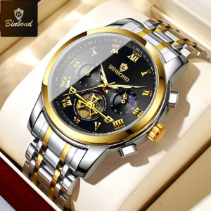 BINBOND Top Brand Mens Watch Classic Roman Scale Dial Luxury Wrist Watch for Men Original Quartz Waterproof Luminous Chronograph
