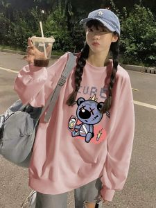 เสื้อสเวตเตอร์คอกลมแขนยาวสีชมพูสำหรับผู้หญิง ฤดูใบไม้ผลิและฤดูใบไม้ร่วง เสื้อเชิ้ตสไตล์เกาหลีแบบบาง ทรงหลวม ลายการ์ตูน