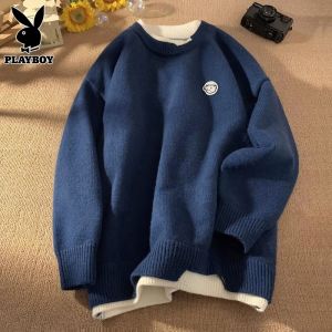 Playboy Fake Two Pieces Sweaters Men Fall and Winter American Retro Trendy Round Neck Loose Knitting Bottoming Shirt