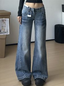 American Style Vintage Blue Lightning Pattern Wide Leg Jeans Womens Spring Autumn New Straight Low Waist Slimming Floor-Length Pants