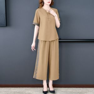 New Fashionable Stylish Cotton Linen Wide Leg Pants Suit