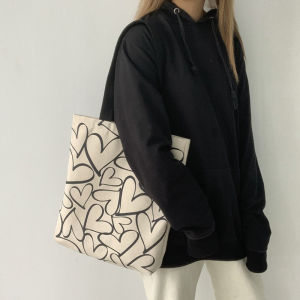 Trendy Canvas Bag Womens Single Shoulder Retro Harajuku Ulzzang for College Students Ins Style Soft Handbag Casual Love Pattern