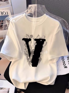 White Print Cotton T-Shirt for Women Loose Fitting Slim Elegant Youthful