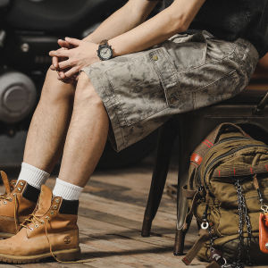 Camouflage Denim Shorts Mens American Retro Loose Workwear Five-Quarter Thin Summer Trendy Jeans Pocket Decorative Rivet Splicing Color