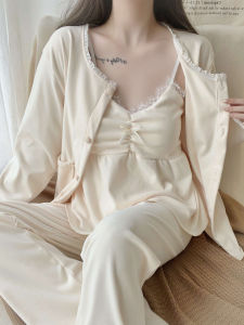 ฤดูหนาว ชุดสามชิ้น ผู้หญิง ชุดนอน เซ็กซี่ หวาน สายคล้อง ปะการังแขนยาว ผ้าขนแกะ เสื้อผ้าบ้านนุ่ม โพลีเอสเตอร์ ไฟเบอร์ คอวี