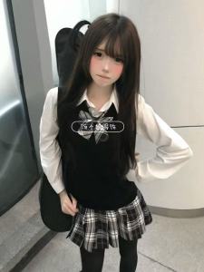 ชุดเสื้อกั๊กแขนยาวหลวมๆ สไตล์นักเรียน ชุดเสื้อเชิ้ตสีดำและกระโปรงทรงเอ ชุดทำงานสำหรับผู้หญิง ชุดทำงานฤดูใบไม้ร่วง