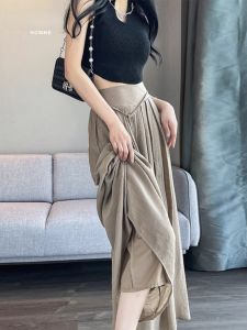 High Waist Ice Silk Thin Cotton Linen Wide Leg Pants Skirt Women Summer New Style Elastic Waist Draped Belted Trendy Trousers