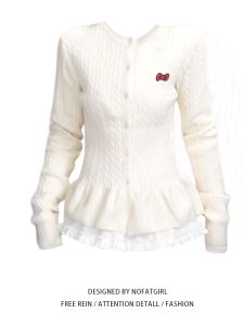 เสื้อคาร์ดิแกนถักแขนยาวทรงเข้ารูปสไตล์บัลเล่ต์หวานๆ สำหรับผู้หญิงไซส์ใหญ่ เสื้อคลุมกันหนาวฤดูใบไม้ร่วง/ฤดูหนาว เสื้อคลุมกันหนาวแฟชั่น